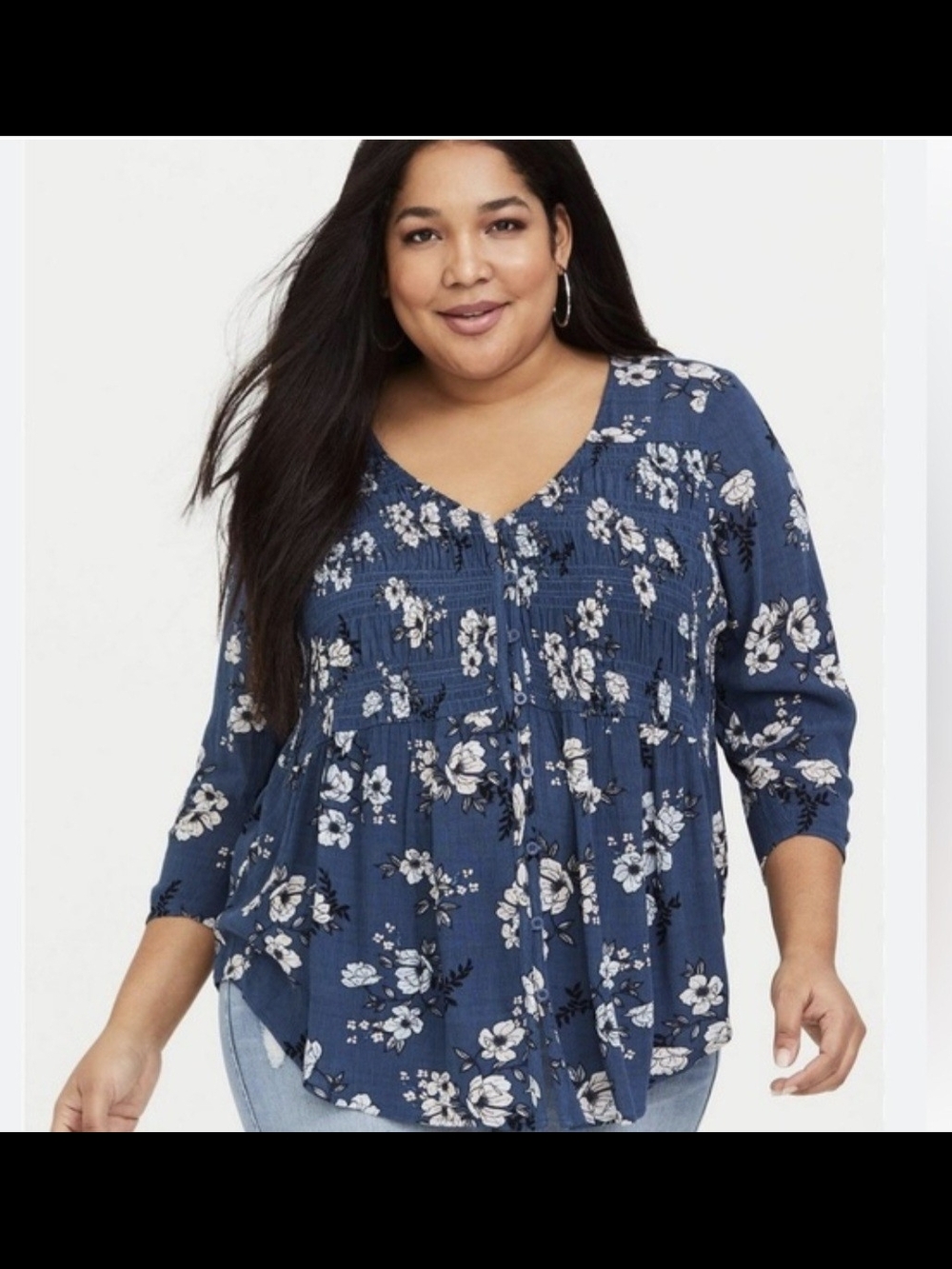 torrid Navy Blue Floral Smocked Peasant Top